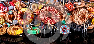 Closeup of colored inductors and transformers with reflection on a black background