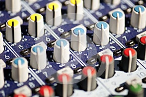 Closeup of colorful audio mixer