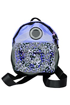 Closeup of a colorful blue comfortable school backpack isolated on a white background. Concept back to school. Macro