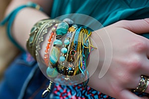 closeup on colorful boho bracelets and rings on wrists photo