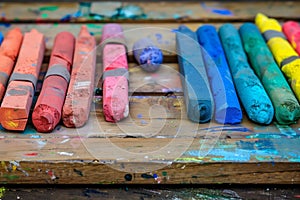 closeup of colorful chalks on wooden artists palette