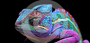 Closeup of a colorful chameleon lizard with pink and blue colors on a black background.