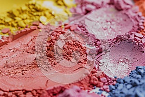 closeup of colorful cosmetic powders in production