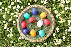 Closeup of colorful eggs in beautiful spring meadow on easter holiday outdoors in green graas.Traditional symbol for christian and