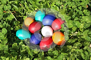 Closeup of colorful eggs in beautiful spring meadow on easter holiday outdoors in green graas.Traditional symbol for christian and