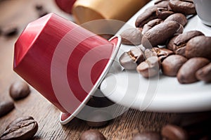 Colorful espresso coffee doses with coffee beans and photo