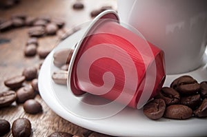 espresso coffee doses with coffee beans on wooden table background