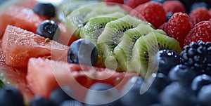 Closeup of a colorful fruit platter featuring fresh berries juicy watermelon and sliced kiwi served at a Sober Sunday