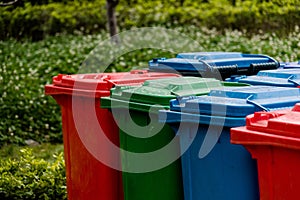 Closeup of colorful garbage cans