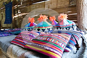 Closeup of colorful hats and pouches of the Karen Hill tribe in Northern Thailand