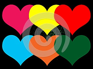 Closeup, Colorful heart shape isolated black background for design stock photo. illustration, vector, pink yellow red blue brown