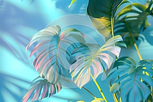 Closeup of a colorful leafy tropical plant on an azure background