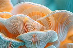 Closeup of colorful mushroom lamellae, magic mushroom, macro view.