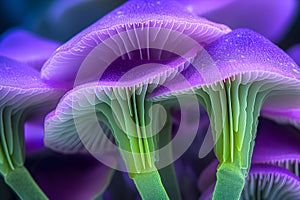 Closeup of colorful mushroom lamellae, magic mushroom, macro view, strong psychedelic colors.
