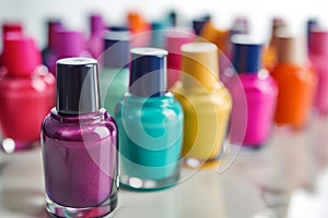 closeup of colorful nail polish bottles on white manicure table