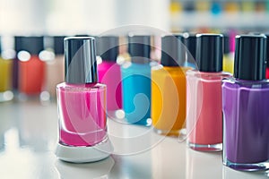 closeup of colorful nail polish bottles on white manicure table