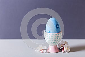 Closeup colorful painted Easter egg in vibrant modern egg stand surrounded by white flowering tree branches on gray background