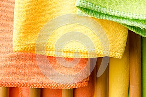 Closeup colorful towels on wooden chair