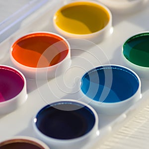 Closeup of colorful watercolor paint palette