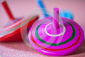 Closeup of Colorful Wooden Tops