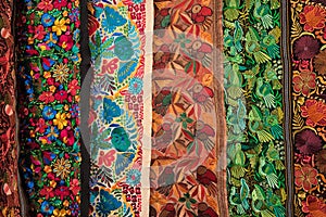 Closeup of colourful indigenous textiles in Ecuador