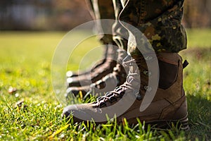 Closeup of combat boots of the German Army Bundeswehr in the grass