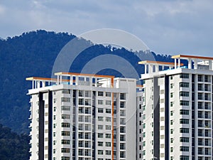 Perak, Malaysia- December 12, 2017 : Closeup of commercial building under construction at Meru, Perak. Selective focus and crop fr