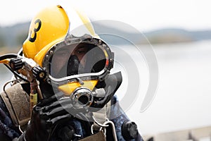 Closeup of commercial diver in helmet
