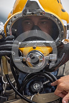 Closeup of commercial diver in helmet