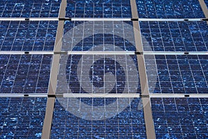 Closeup of commercial utility installation of blue photovoltaic panels on a sunny day, green power generation