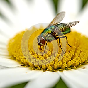 Closeup of a common green bottle fly eating floral disc nectar on white Marguerite daisy flower. Macro texture and