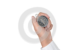 Closeup compass in hand isolated on white background