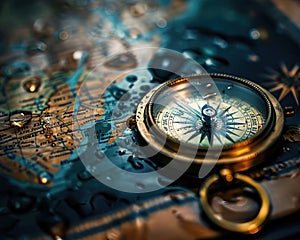 Closeup of a compass and nautical maps on a fishing boat\'s table. A day in the hard life of professional fishermen