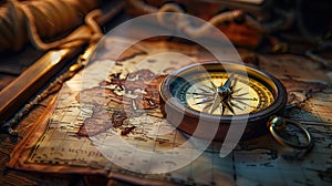 Closeup of a compass and nautical maps on a fishing boat\'s table. A day in the hard life of professional fishermen