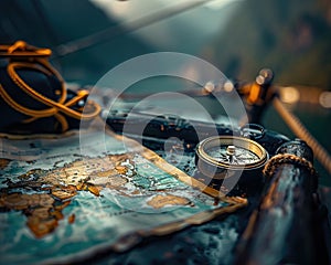 Closeup of a compass and nautical maps on a fishing boat\'s table. A day in the hard life of professional fishermen