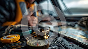 Closeup of a compass and nautical maps on a fishing boat\'s table. A day in the hard life of professional fishermen