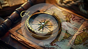 Closeup of a compass and nautical maps on a fishing boat\'s table. A day in the hard life of professional fishermen