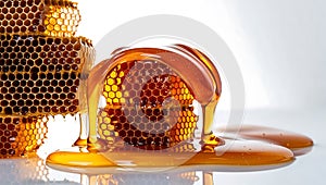 Closeup of Intricate Honeycomb Patterns with Golden Honey Dripping