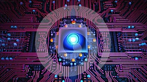 A closeup of a computer circuit board with blue light