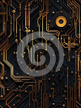 Closeup of a computer circuit board with gold, black, and rusty