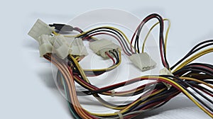 Closeup of computer CPU cables on a white background