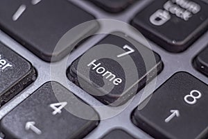 Closeup of a computer keyboard zoomed on the number 7 and Home button