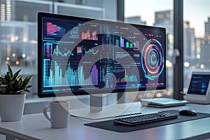 Closeup of a computer monitor displaying complex data analytics and graphs