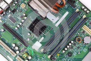 Closeup computer motherboard circuits memory microprocessor
