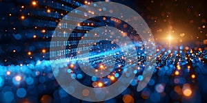 Closeup of a computer screen with blue binary code symbolizing technology, coding, and