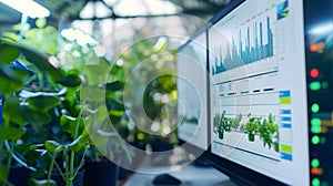 A closeup of a computer screen displaying graphs and data charts as the scientist tracks the temperature humidity and