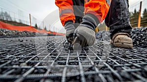 Closeup of a construction worker inspecting and repairing geogrid materials ensuring proper installation and performance