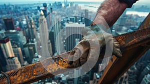 A closeup of a construction workers calloused hands gripping a steel beam with a sprawling cityscape in the background