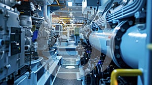 A closeup of the container ships engine room showcases new technologies that allow for reduced emissions and improved