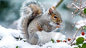 Closeup of a content squirrel with a thick tail savoring the taste of a freshly picked snowcovered nut in its mouth